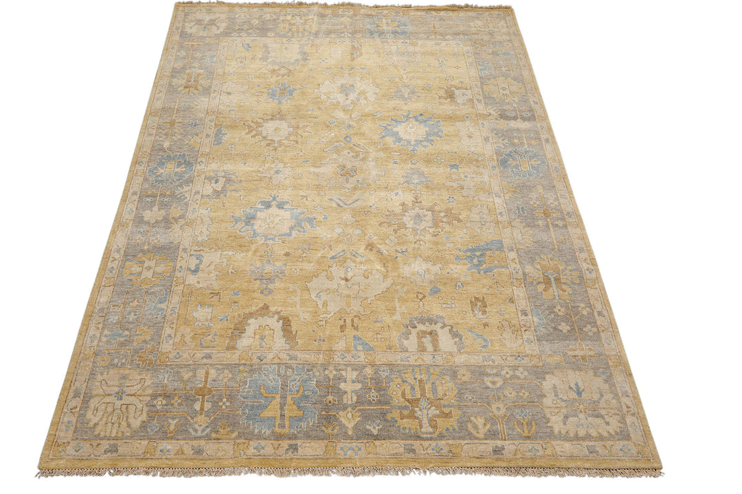 8x10 Light Gold, Gray, Aqua Color Hand Knotted Oushak Wool Traditional Oriental Rug
