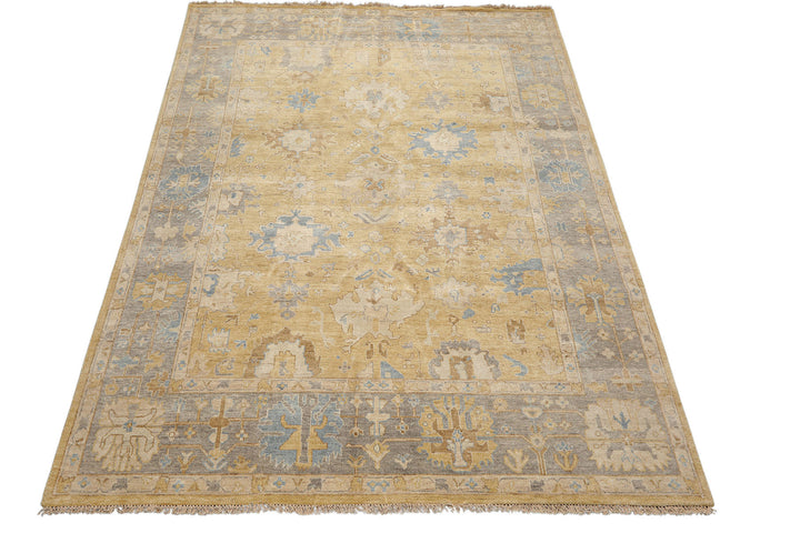 8x10 Light Gold, Gray, Aqua Color Hand Knotted Oushak Wool Traditional Oriental Rug