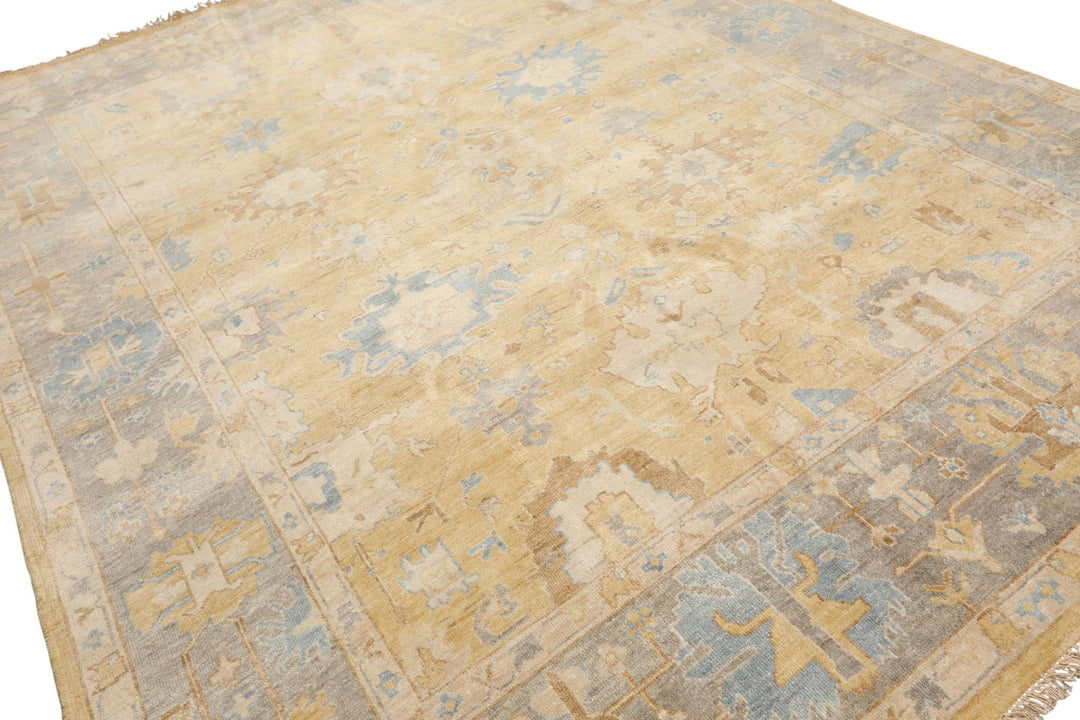 8x10 Light Gold, Gray, Aqua Color Hand Knotted Oushak Wool Traditional Oriental Rug