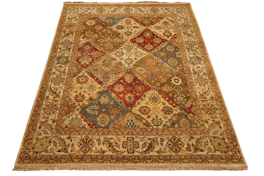 8x10 Beige, Tan, Aqua Color Hand Knotted Agra Wool Transitional Oriental Rug