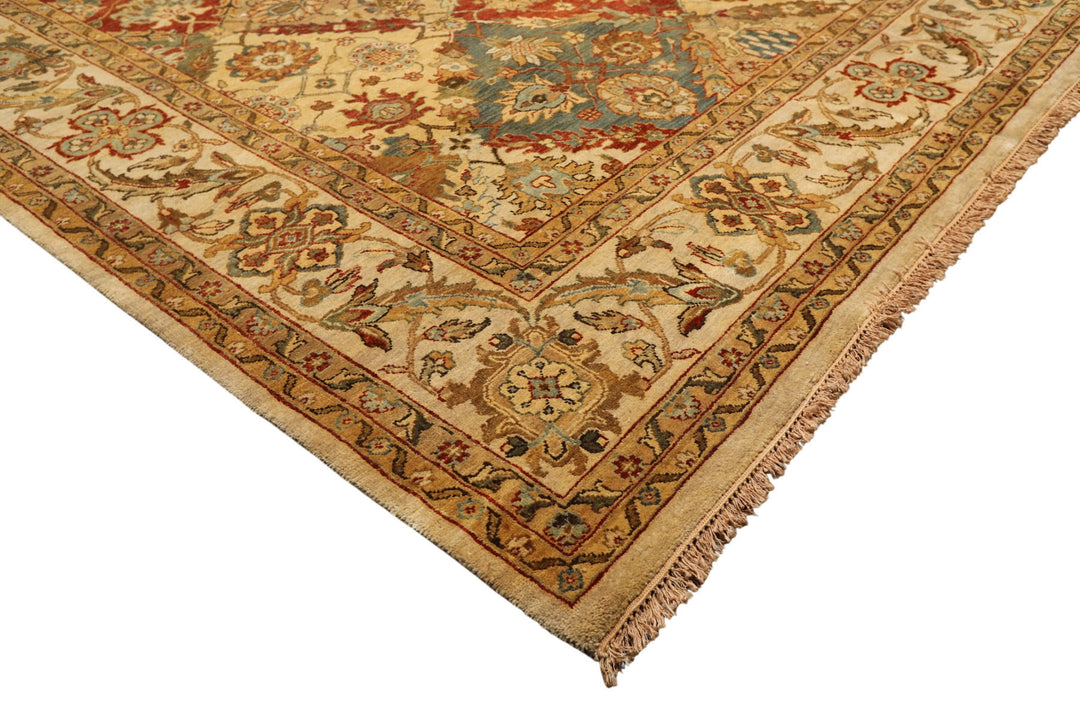 8x10 Beige, Tan, Aqua Color Hand Knotted Agra Wool Transitional Oriental Rug