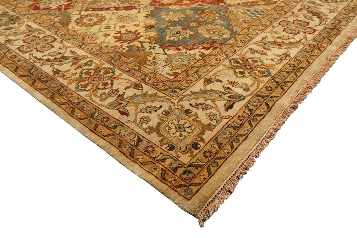 8x10 Beige, Tan, Aqua Color Hand Knotted Agra Wool Transitional Oriental Rug
