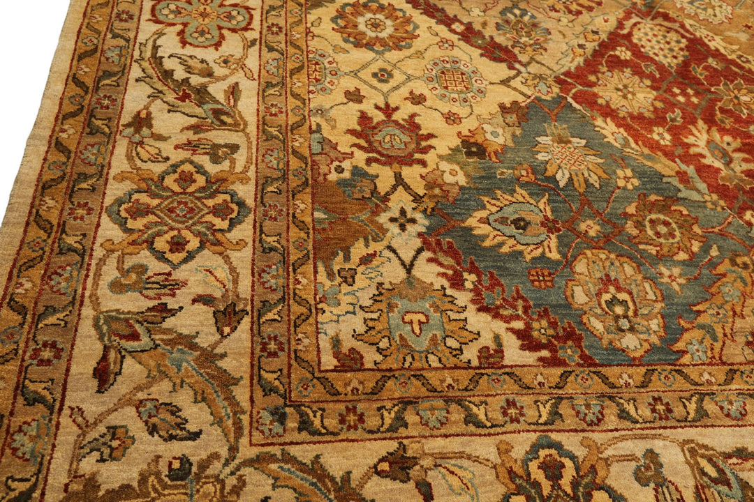8x10 Beige, Tan, Aqua Color Hand Knotted Agra Wool Transitional Oriental Rug