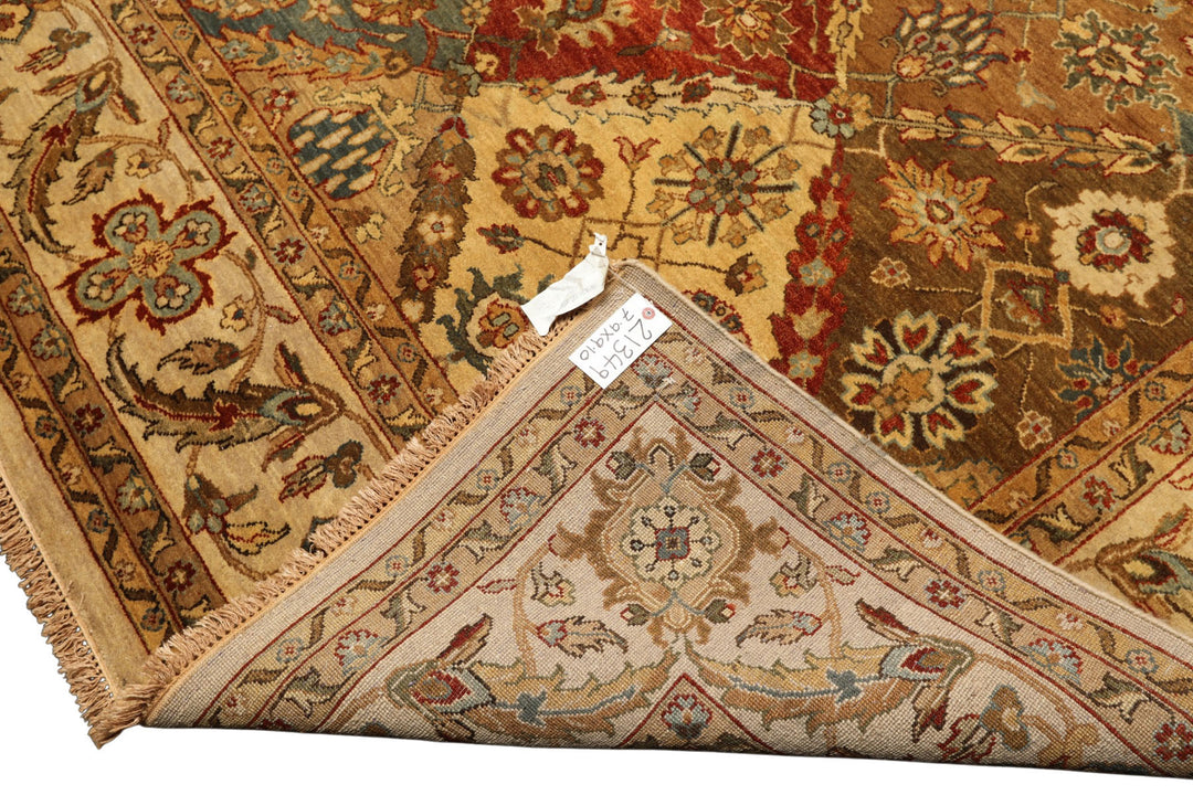 8x10 Beige, Tan, Aqua Color Hand Knotted Agra Wool Transitional Oriental Rug