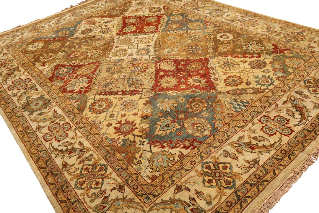 8x10 Beige, Tan, Aqua Color Hand Knotted Agra Wool Transitional Oriental Rug