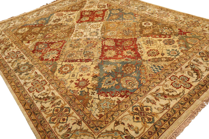 8x10 Beige, Tan, Aqua Color Hand Knotted Agra Wool Transitional Oriental Rug