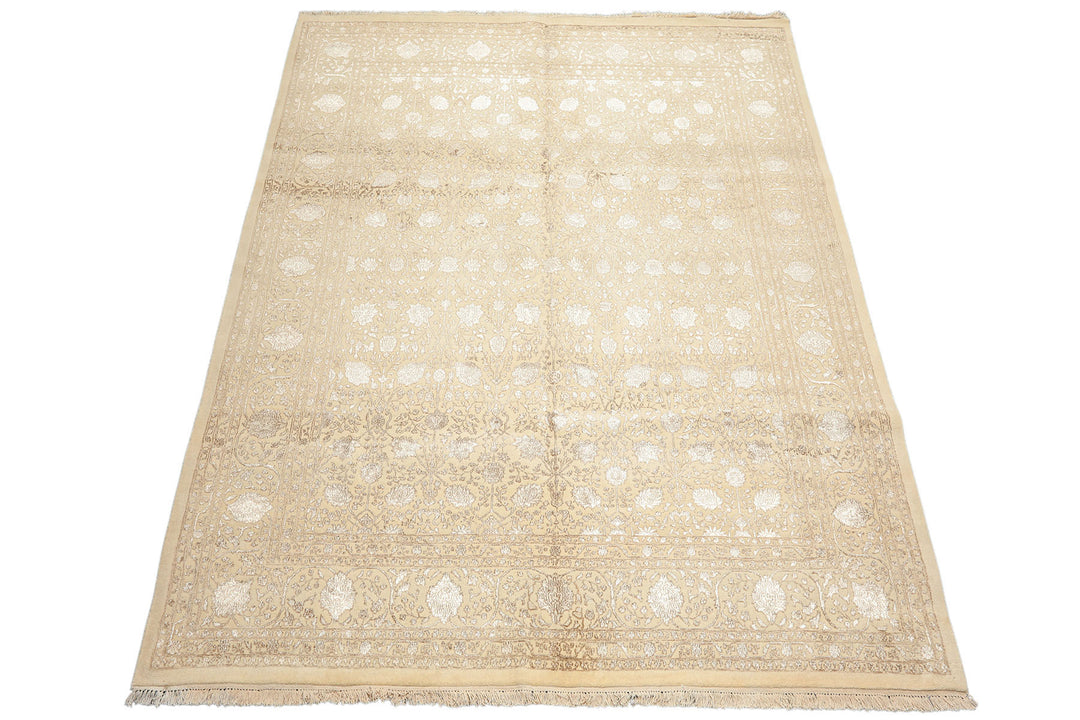 8x10 Ivory, Tan, Color Hand Knotted Tibetan Wool &amp; Bamboo Silk Traditional Oriental Rug