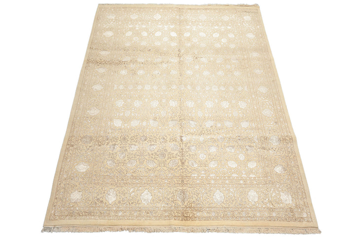 8x10 Ivory, Tan, Color Hand Knotted Tibetan Wool &amp; Bamboo Silk Traditional Oriental Rug
