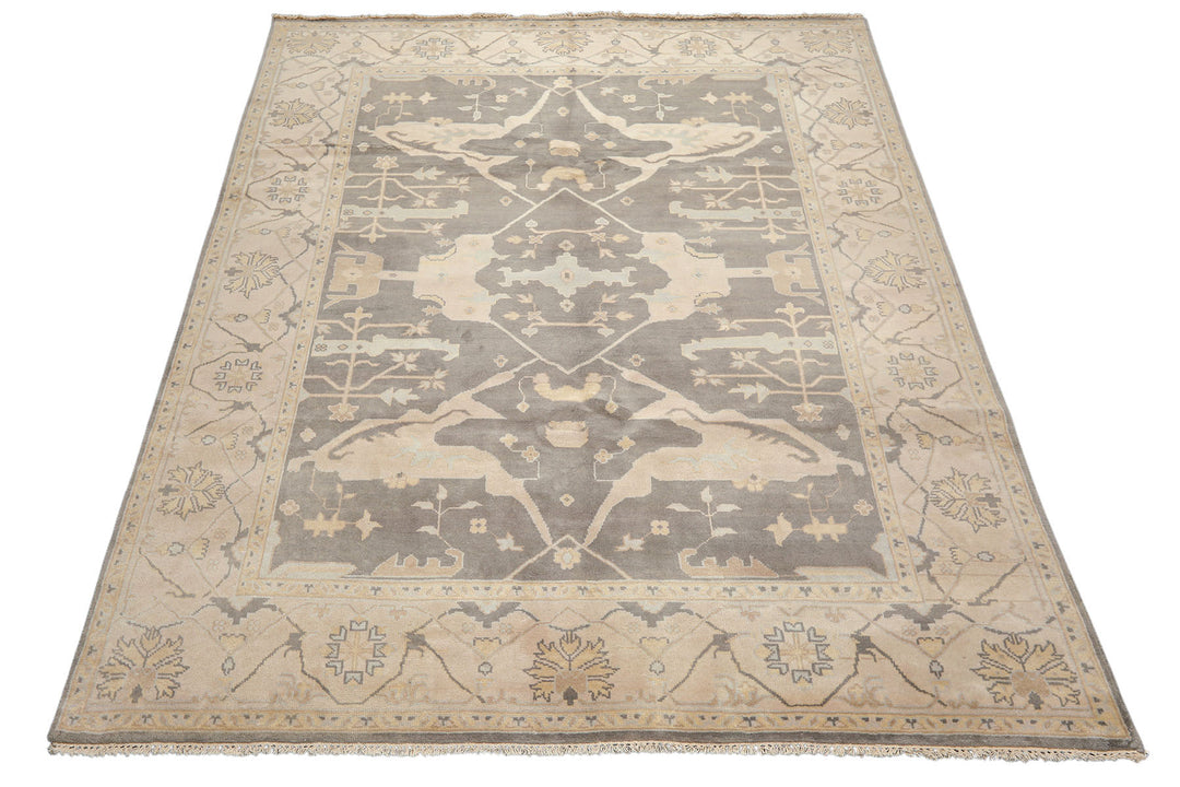 8x10 Gray, Ivory, Light Gold Color Hand Knotted Oushak Wool Traditional Oriental Rug