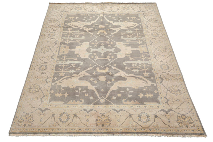 8x10 Gray, Ivory, Light Gold Color Hand Knotted Oushak Wool Traditional Oriental Rug