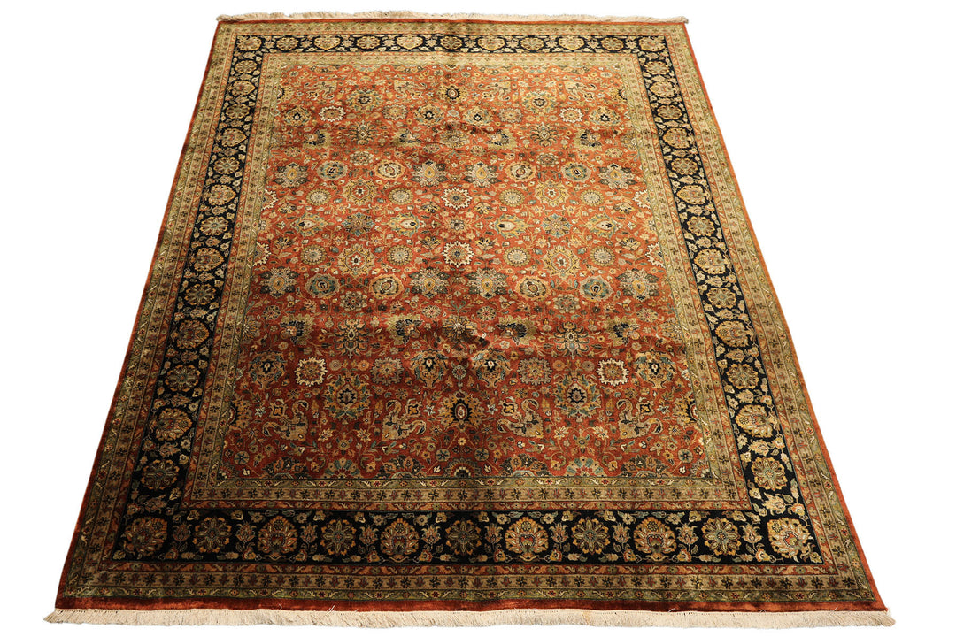 8x10 Rust, Black, Sage Color Hand Knotted Sarouk New Zealand Wool Traditional Oriental Rug