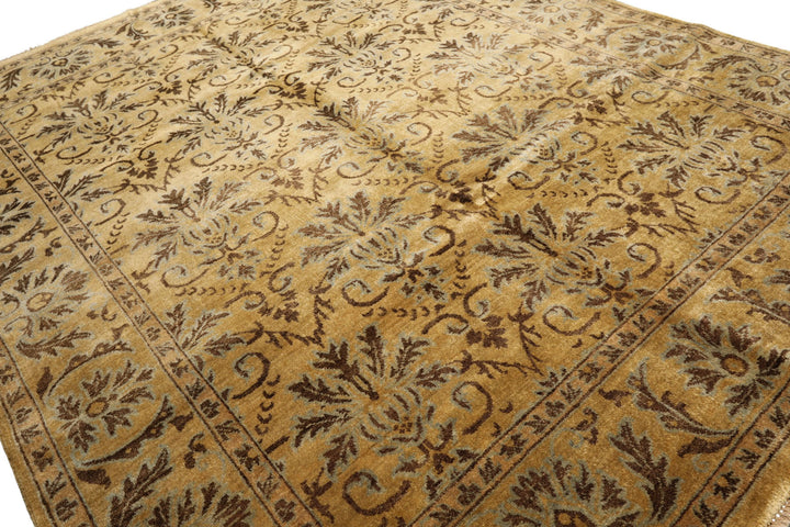 8x10 Gold, Brown, Aqua Color Hand Knotted Oushak Wool Transitional Oriental Rug