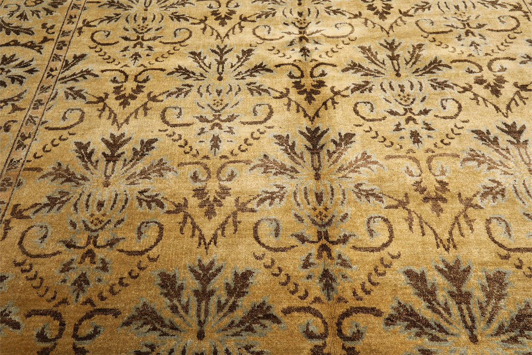 8x10 Gold, Brown, Aqua Color Hand Knotted Oushak Wool Transitional Oriental Rug