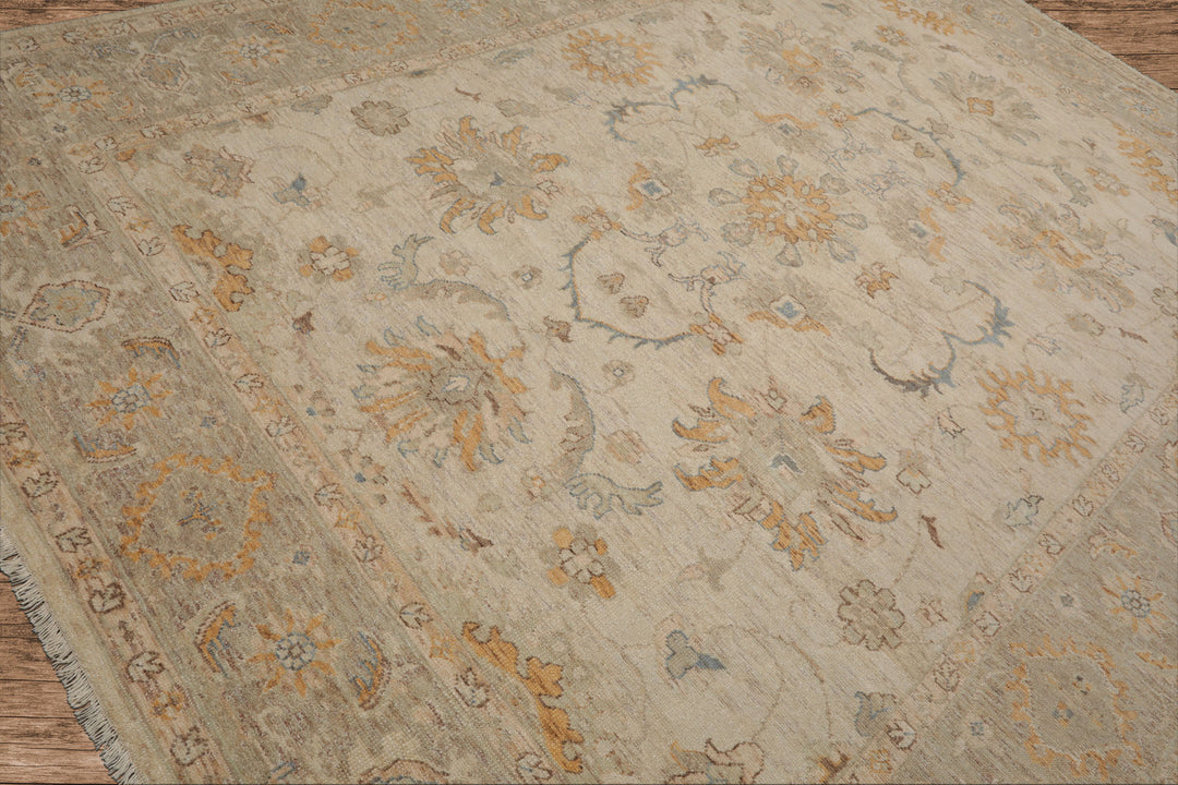 Celeste Rug 9'x12' Beige 100% Wool Afghan Oushak Rug Hand-Knotted Traditional Oriental Design