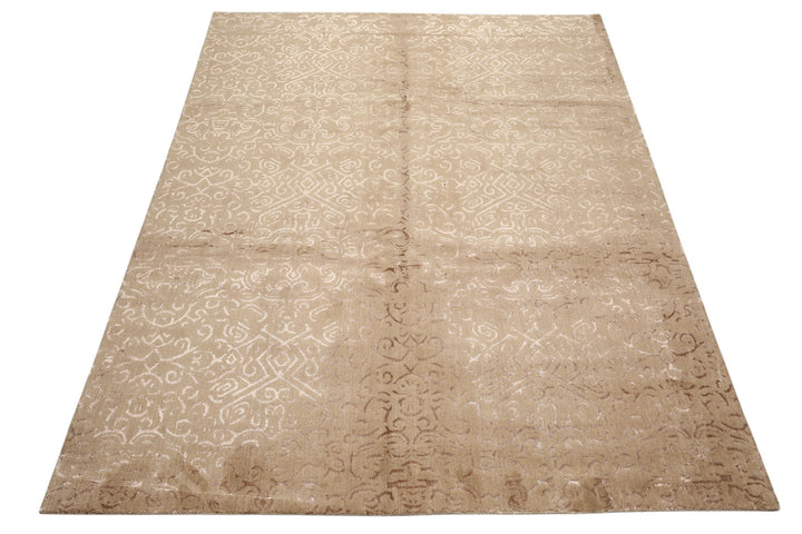 8x10 Beige, Taupe, Color Hand Knotted Tibetan Wool &amp; Bamboo Silk Transitional Oriental Rug