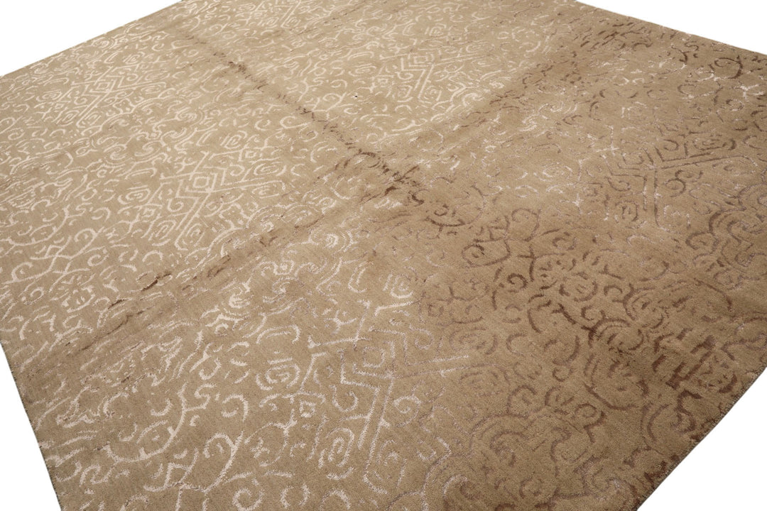 8x10 Beige, Taupe, Color Hand Knotted Tibetan Wool &amp; Bamboo Silk Transitional Oriental Rug