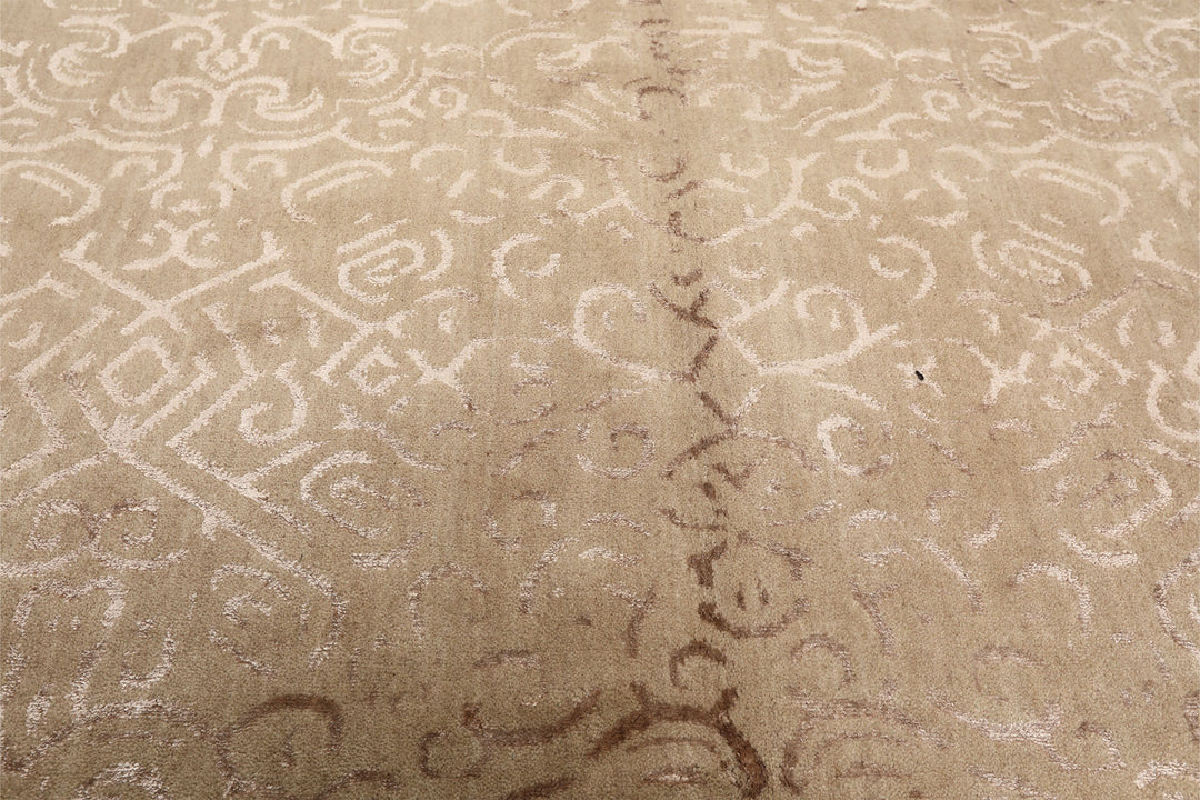 8x10 Beige, Taupe, Color Hand Knotted Tibetan Wool &amp; Bamboo Silk Transitional Oriental Rug