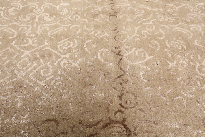 8x10 Beige, Taupe, Color Hand Knotted Tibetan Wool &amp; Bamboo Silk Transitional Oriental Rug