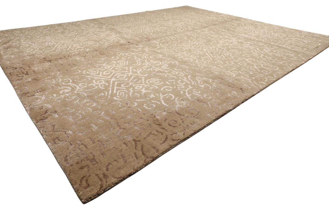 8x10 Beige, Taupe, Color Hand Knotted Tibetan Wool &amp; Bamboo Silk Transitional Oriental Rug