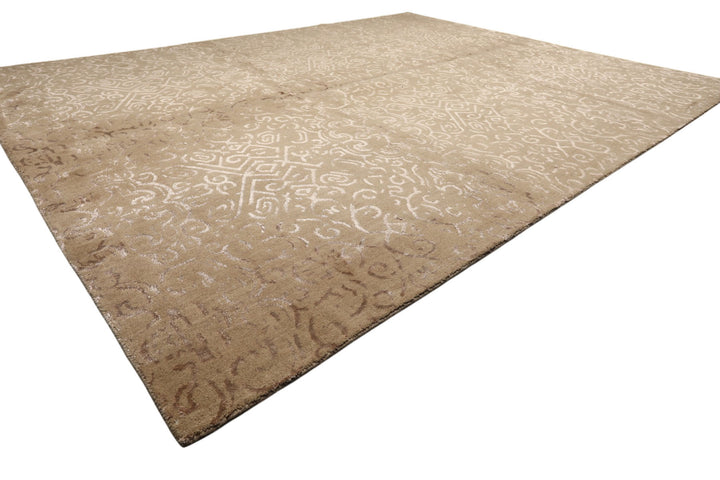 8x10 Beige, Taupe, Color Hand Knotted Tibetan Wool &amp; Bamboo Silk Transitional Oriental Rug