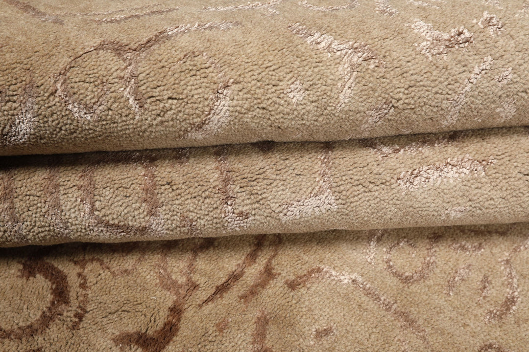 8x10 Beige, Taupe, Color Hand Knotted Tibetan Wool &amp; Bamboo Silk Transitional Oriental Rug