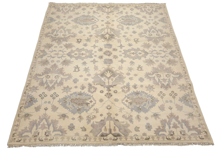 8x10 Ivory, Gray, Taupe Color Hand Knotted Oushak Wool Transitional Oriental Rug