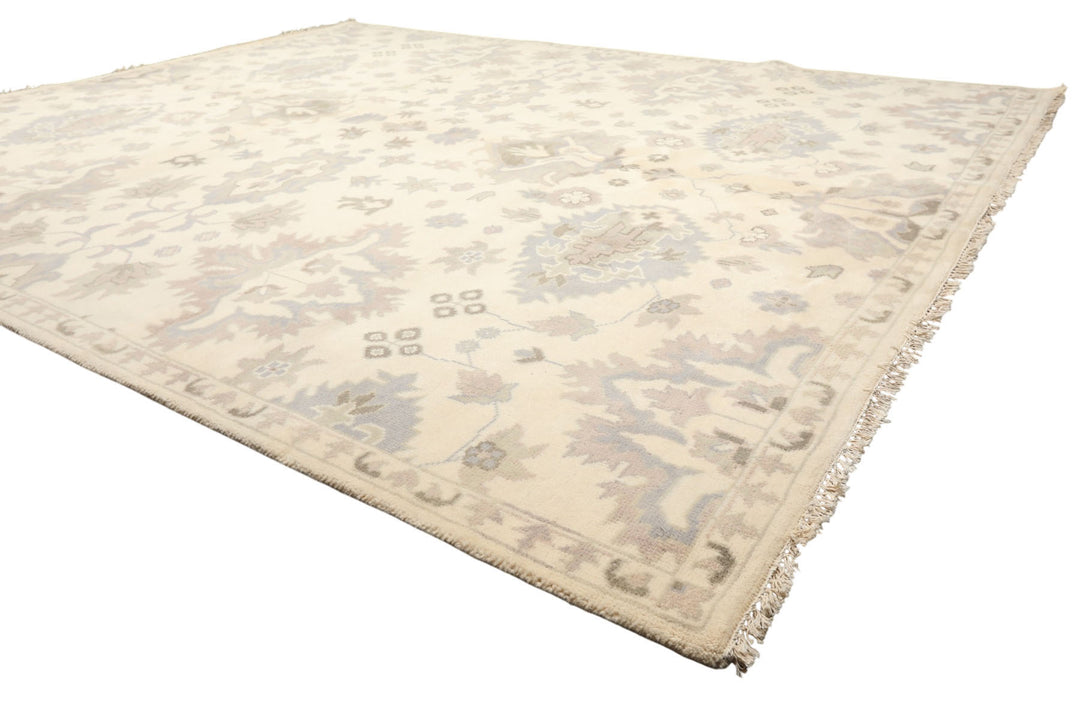 8x10 Ivory, Gray, Taupe Color Hand Knotted Oushak Wool Transitional Oriental Rug