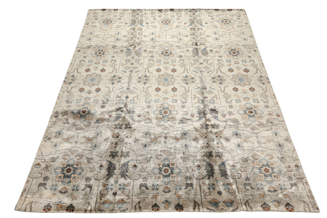 8x10 Gray, Aqua, Tan Color Hand Knotted Oushak 100% Bamboo Silk Transitional Oriental Rug