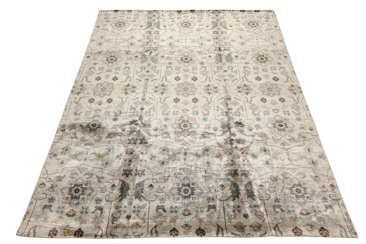 8x10 Gray, Aqua, Tan Color Hand Knotted Oushak 100% Bamboo Silk Transitional Oriental Rug