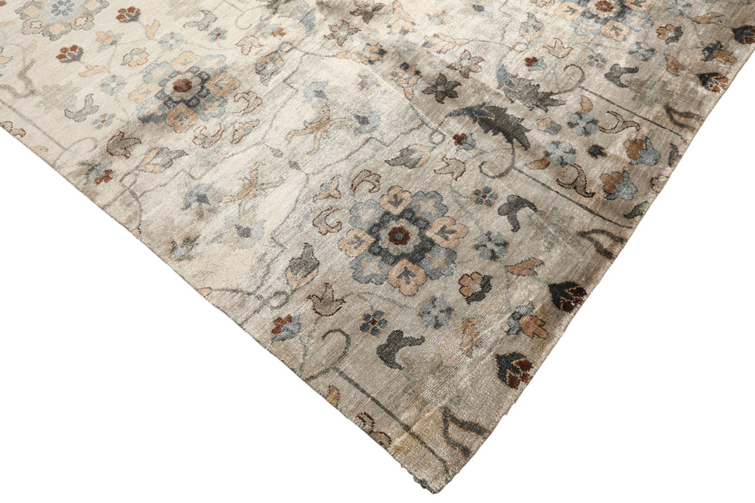 8x10 Gray, Aqua, Tan Color Hand Knotted Oushak 100% Bamboo Silk Transitional Oriental Rug