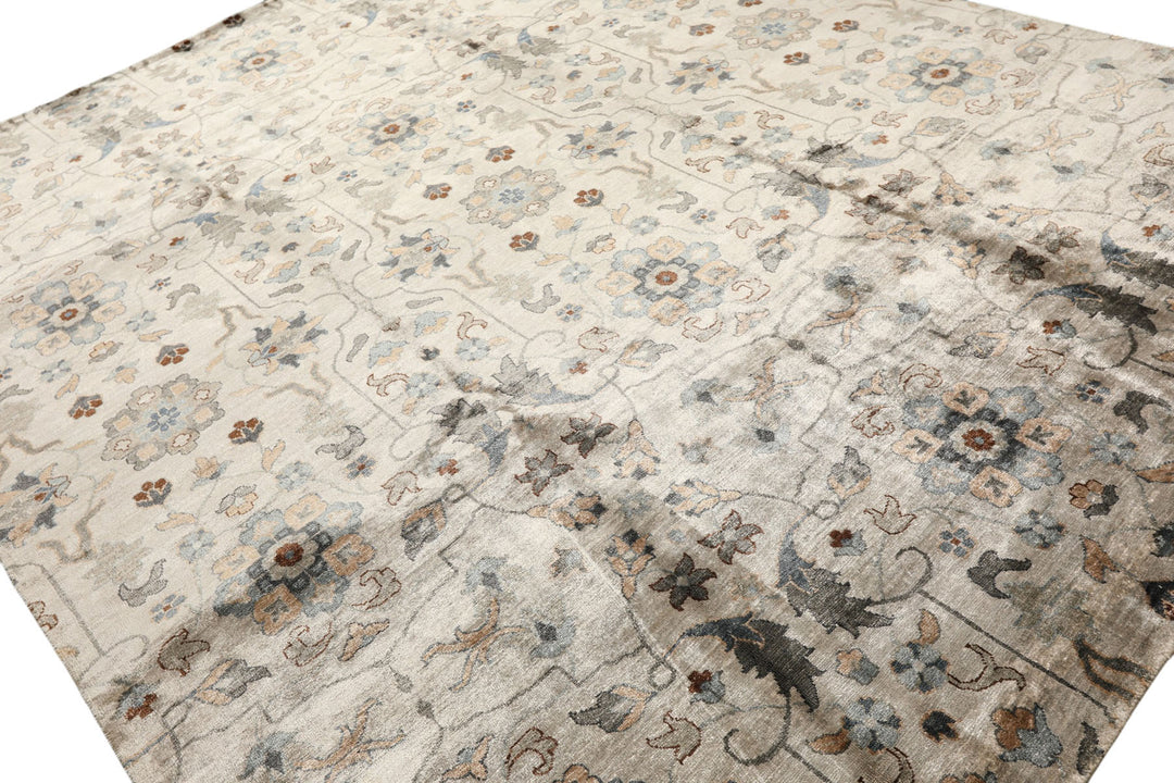 8x10 Gray, Aqua, Tan Color Hand Knotted Oushak 100% Bamboo Silk Transitional Oriental Rug