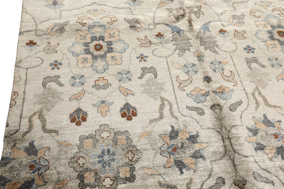 8x10 Gray, Aqua, Tan Color Hand Knotted Oushak 100% Bamboo Silk Transitional Oriental Rug
