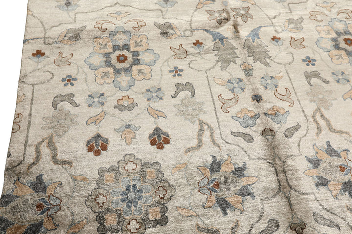 8x10 Gray, Aqua, Tan Color Hand Knotted Oushak 100% Bamboo Silk Transitional Oriental Rug