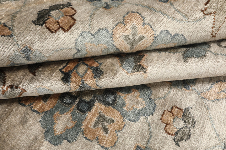 8x10 Gray, Aqua, Tan Color Hand Knotted Oushak 100% Bamboo Silk Transitional Oriental Rug