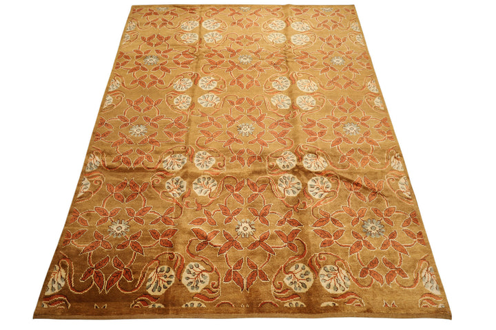 8x10 Gold, Orange, Aqua Color Hand Knotted Tibetan Wool Transitional Oriental Rug