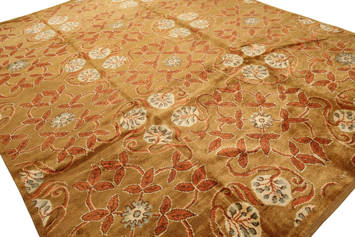 8x10 Gold, Orange, Aqua Color Hand Knotted Tibetan Wool Transitional Oriental Rug