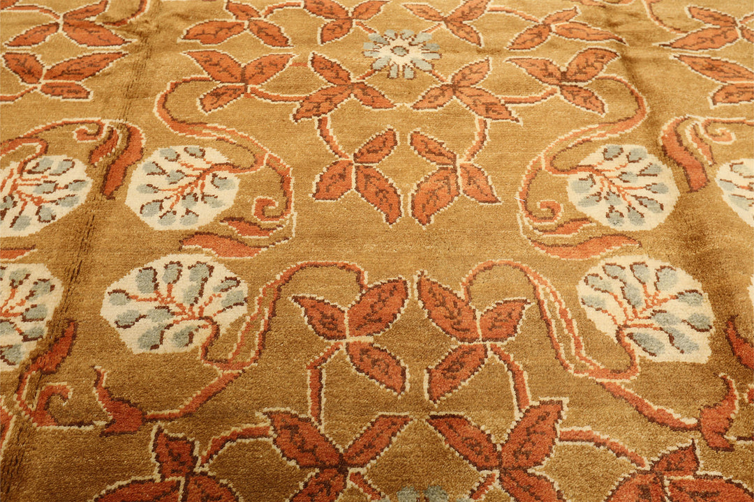 8x10 Gold, Orange, Aqua Color Hand Knotted Tibetan Wool Transitional Oriental Rug