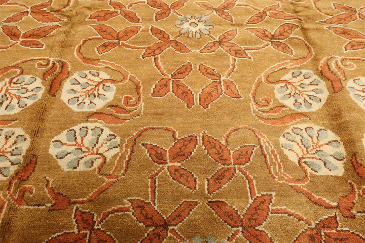8x10 Gold, Orange, Aqua Color Hand Knotted Tibetan Wool Transitional Oriental Rug