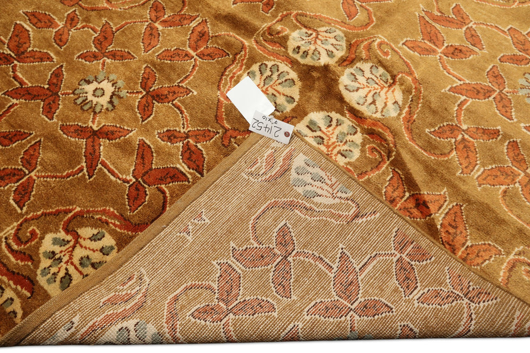 8x10 Gold, Orange, Aqua Color Hand Knotted Tibetan Wool Transitional Oriental Rug