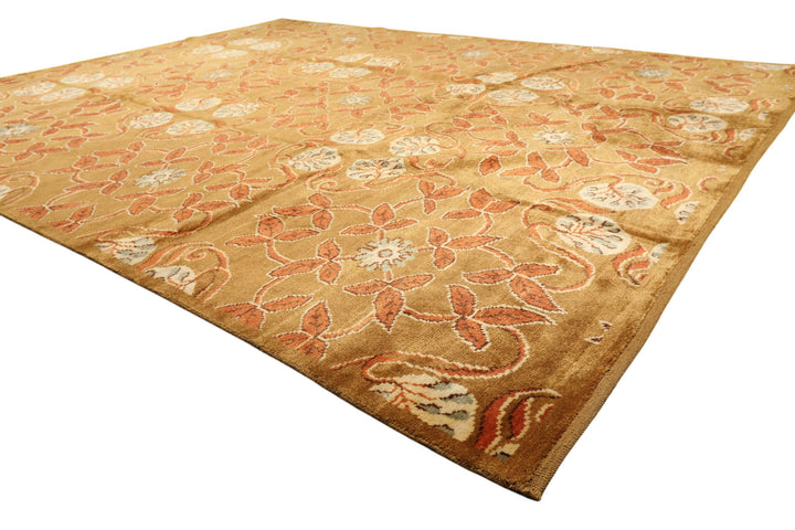 8x10 Gold, Orange, Aqua Color Hand Knotted Tibetan Wool Transitional Oriental Rug
