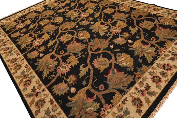 8x10 Black, Tan, Gold Color Hand Knotted Soumak Wool Traditional Oriental Rug