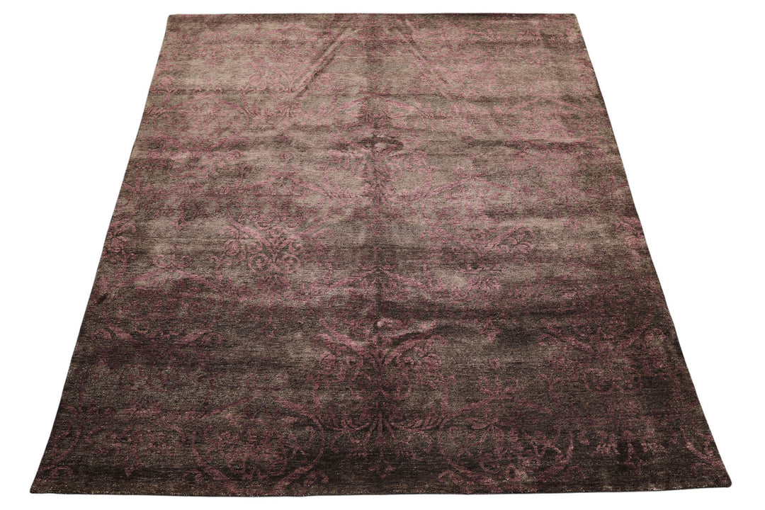 8x10 Greenish, Gray, Aubergine Color Hand Knotted Tibetan Wool Transitional Oriental Rug