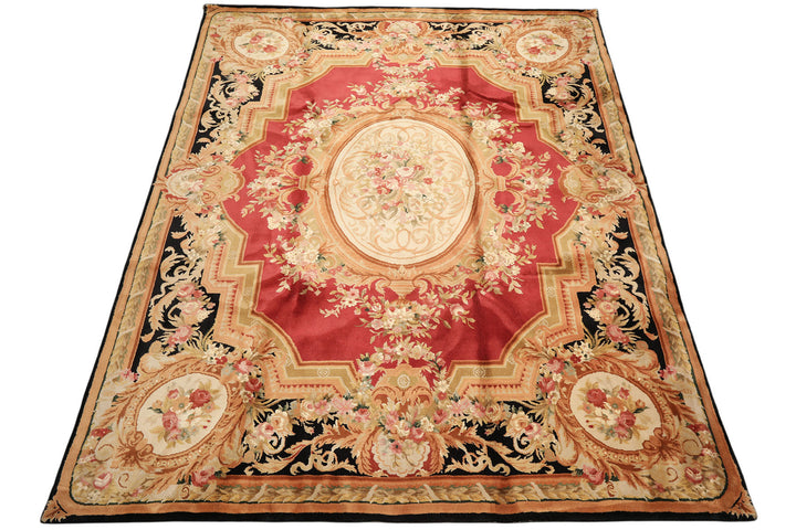 8x10 Rose, Black, Gold Color Hand Knotted French Aubusson Savonnerie Wool Traditional Oriental Rug