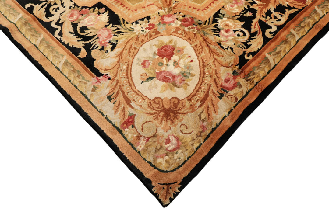 8x10 Rose, Black, Gold Color Hand Knotted French Aubusson Savonnerie Wool Traditional Oriental Rug