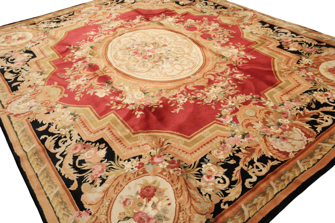 8x10 Rose, Black, Gold Color Hand Knotted French Aubusson Savonnerie Wool Traditional Oriental Rug