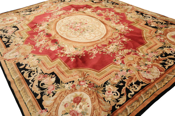 8x10 Rose, Black, Gold Color Hand Knotted French Aubusson Savonnerie Wool Traditional Oriental Rug