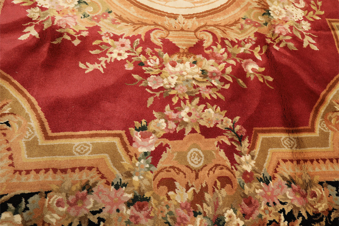 8x10 Rose, Black, Gold Color Hand Knotted French Aubusson Savonnerie Wool Traditional Oriental Rug