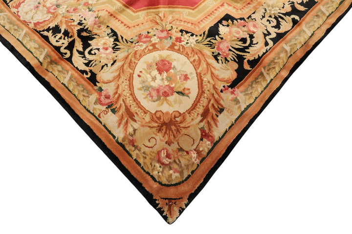 8x10 Rose, Black, Gold Color Hand Knotted French Aubusson Savonnerie Wool Traditional Oriental Rug