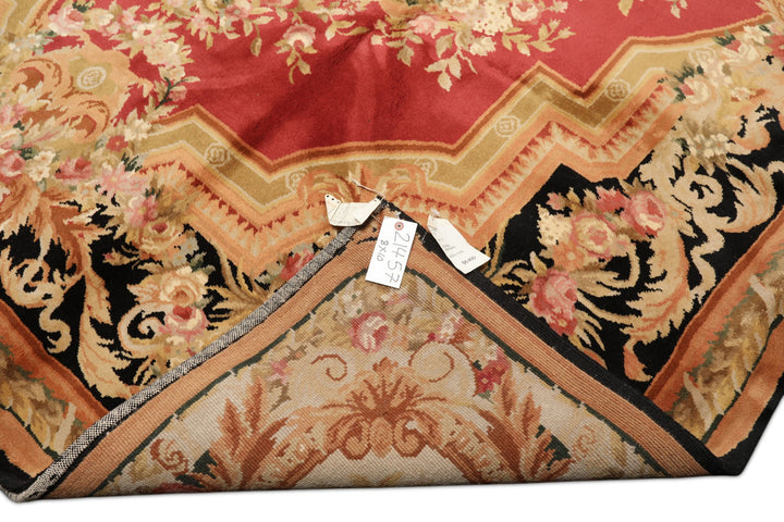 8x10 Rose, Black, Gold Color Hand Knotted French Aubusson Savonnerie Wool Traditional Oriental Rug