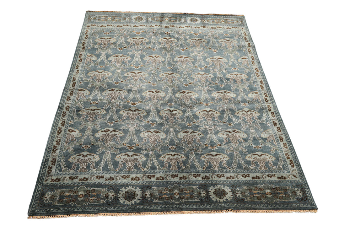 8x10 Aqua, Taupe, Brown Color Hand Knotted Tibetan Wool Traditional Oriental Rug
